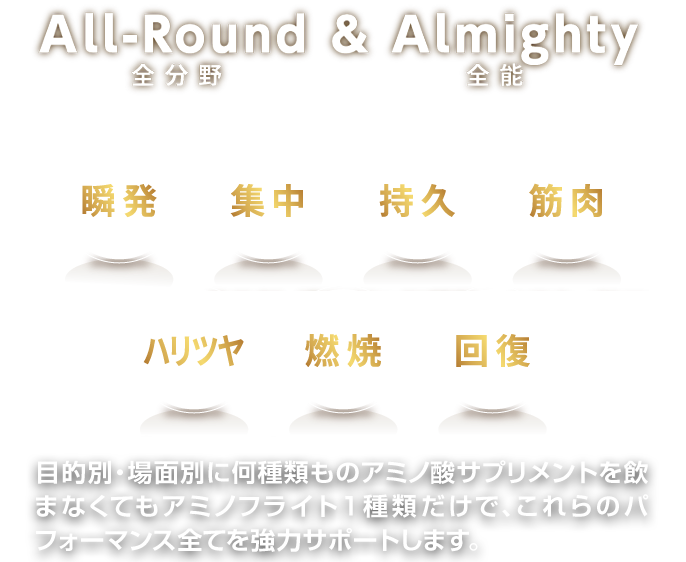 All-Round & Almighty全能全分野目的別・場面別に何種類ものアミノ酸サプリメントを飲まなくてもアミノフライト１種類だけで、これらのパフォーマンス全てを強力サポートします。