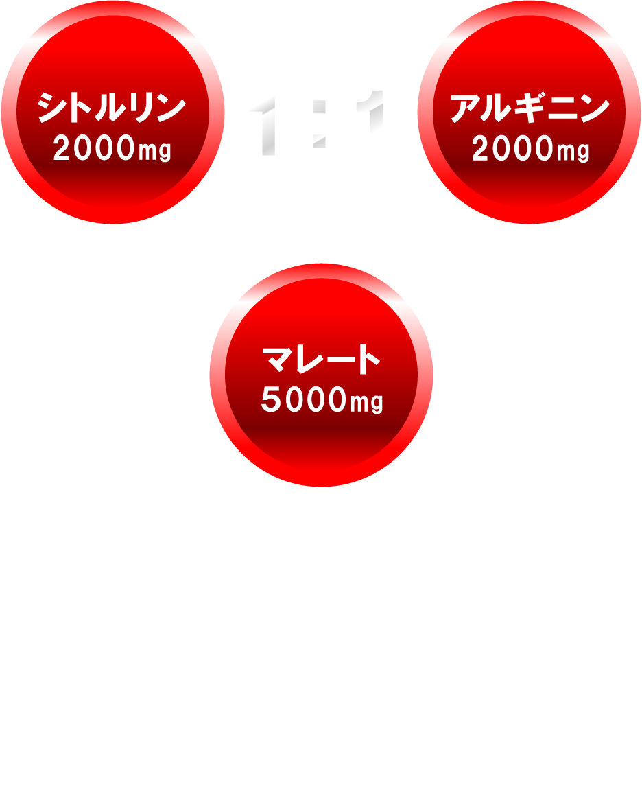 シトルリン2000mg、アルギニン2000mg 1:1×マレート5000mg（※マレート（リンゴ酸）はエネルギー発生回路における重要物質です。）+BCAA5000mg、チロシン1000mg TOTAL15000mg